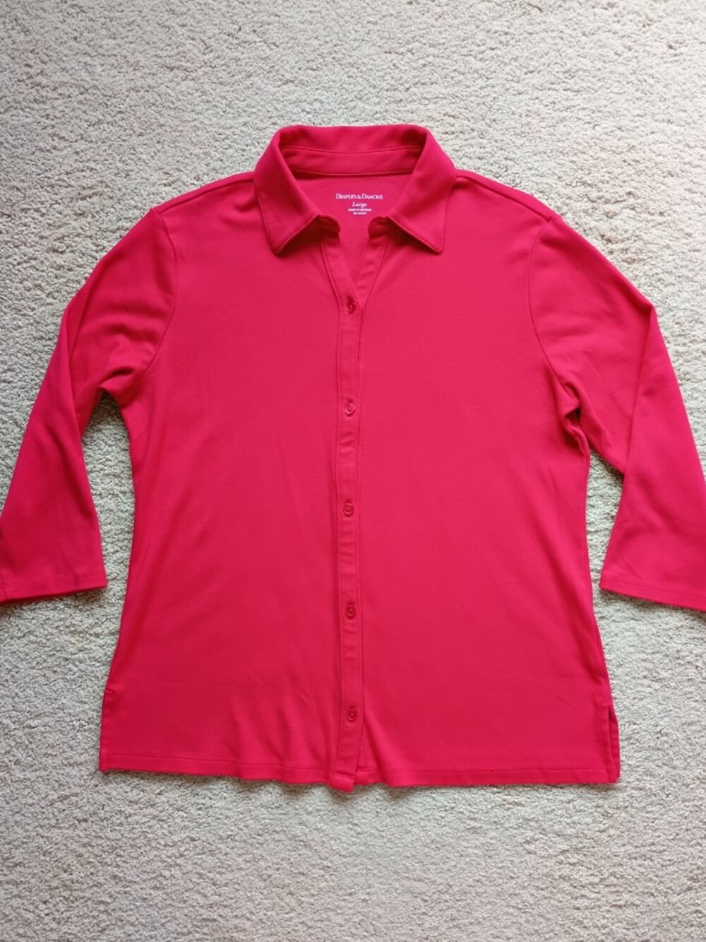 Draper's & Damon's Red 3/4 Sleeve Button Down Women's Top Knit Shirt Size L EUC